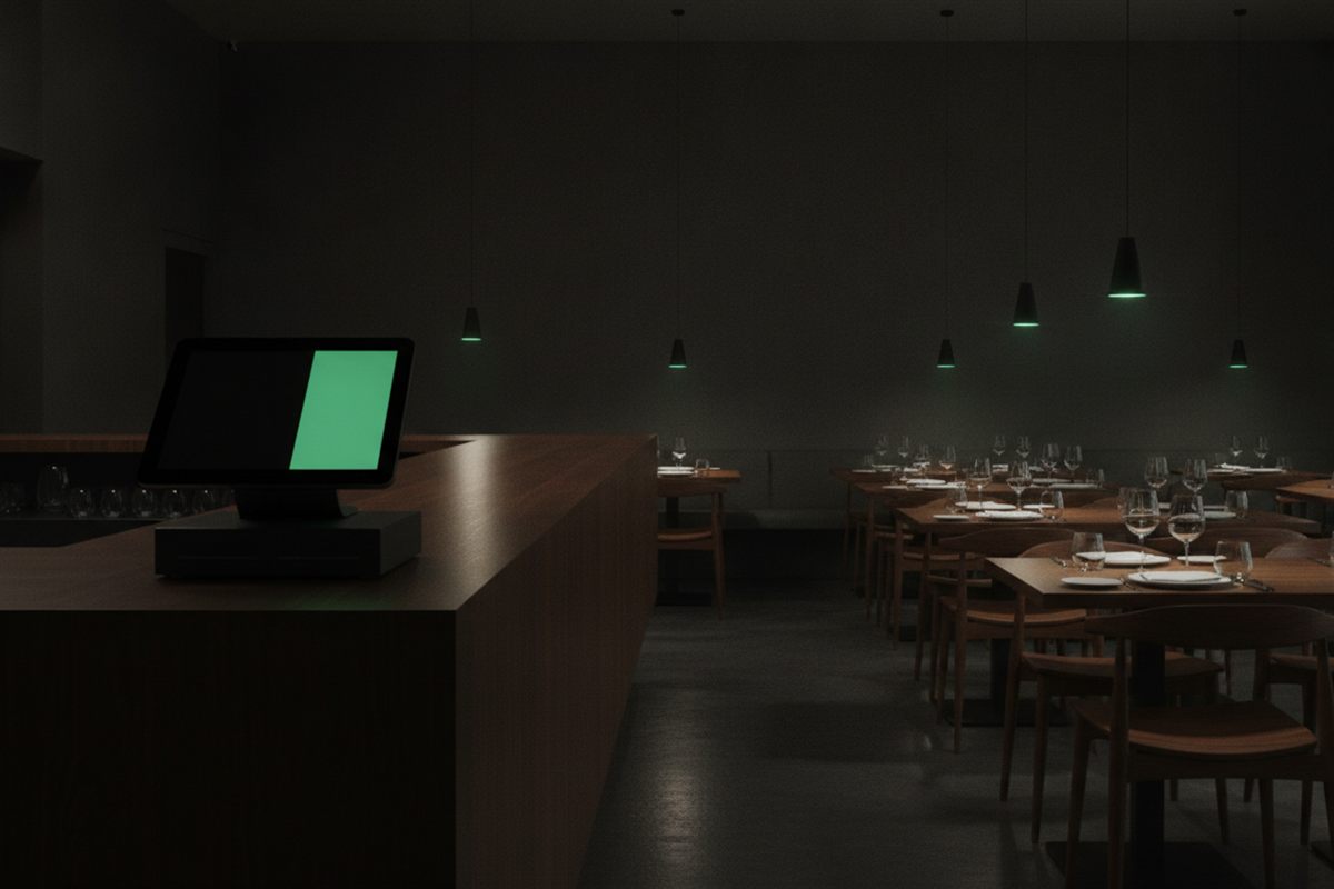 Interior de un local gastronómico de noche con mesas iluminadas por una luz verde tenue y una terminal de cobro en la barra