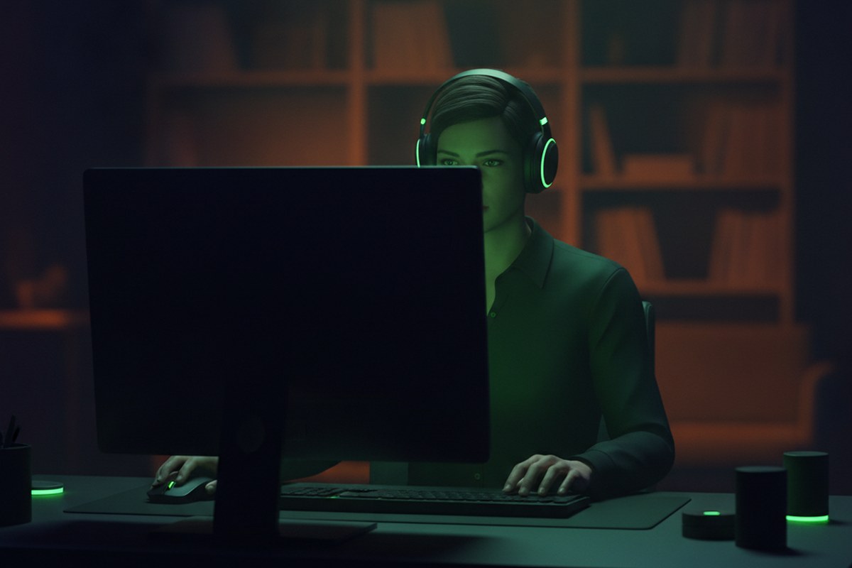 Persona con auriculares en un escritorio de noche resolviendo algo, iluminada en verde